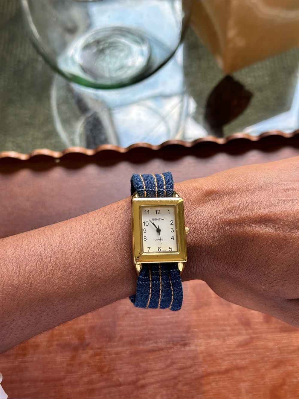 VTG Denim Strap Gold Rectangle Watch Y2K Minimalist Retro Wrist Watch Blue